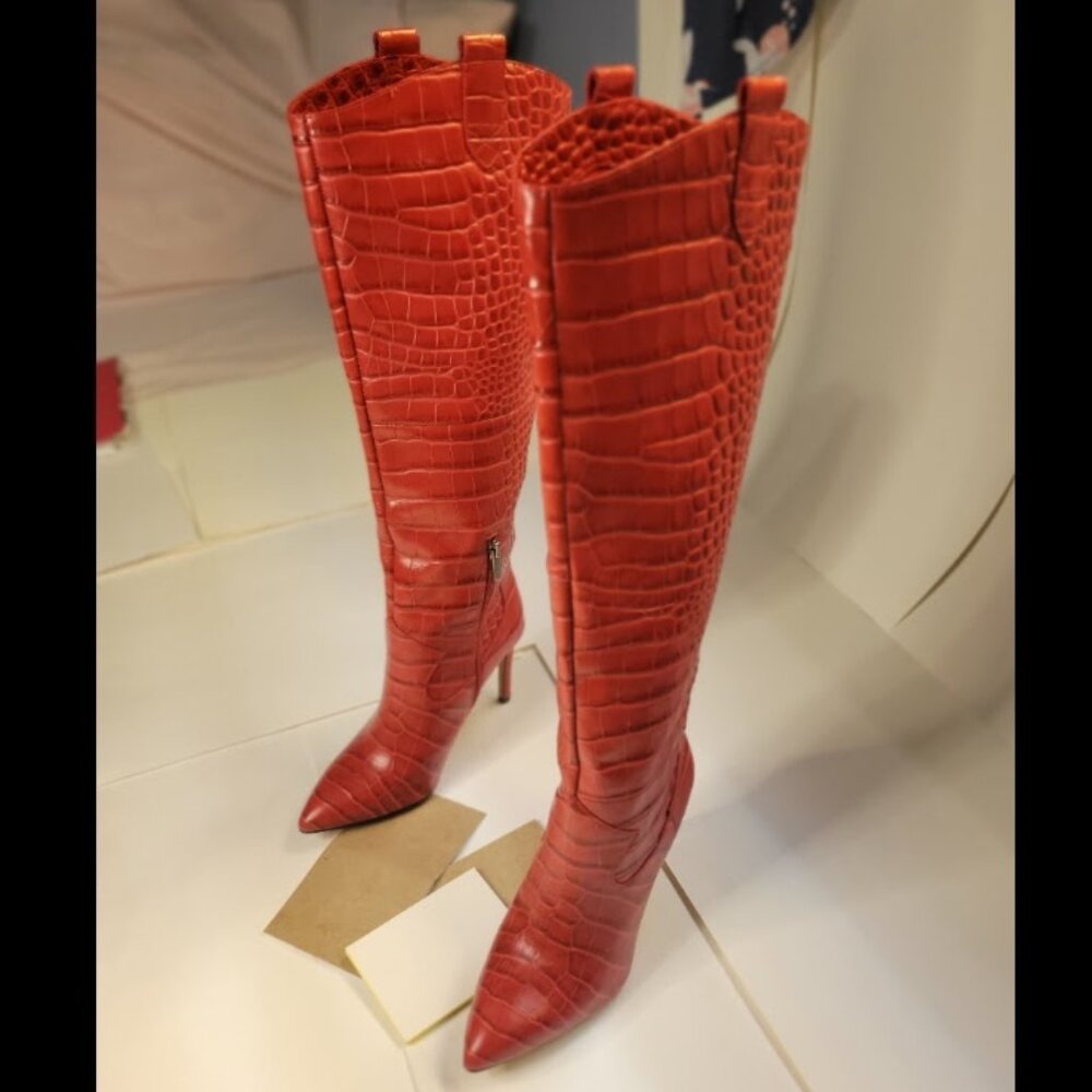 NEW Vince Camuto Kervana Croc Embossed Knee High Leather Boot, Bullseye Red, 6.5